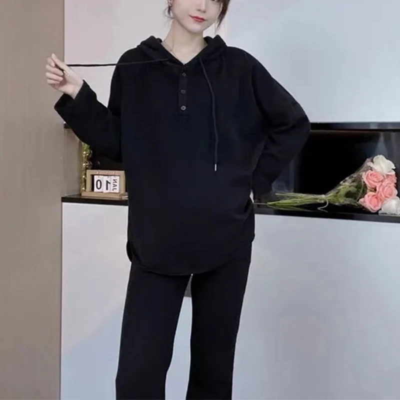 Spring and Autumn Hooded Long Sleeved Pregnant Women's Pants Two-piece Set Casual Maternity Sports Clothes Sets Plus Size Suits