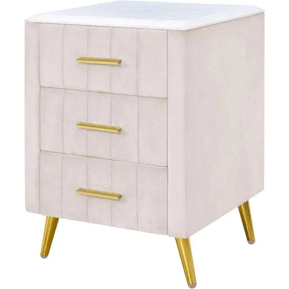 Velvet Nightstand with 3 Drawers,Upholstered Nightstand with Faux Marble Top,End Table with Metal Legs for Bedroom, Living Room 6