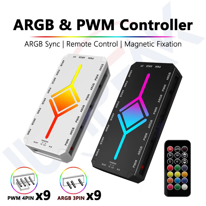 JUMPEAK ARGB Fan HUB Splitter, 5V 3Pin Remote Controller with 4Pin PWM for PC Computer Cooling Sync CPU Cooler LED Light Strip
