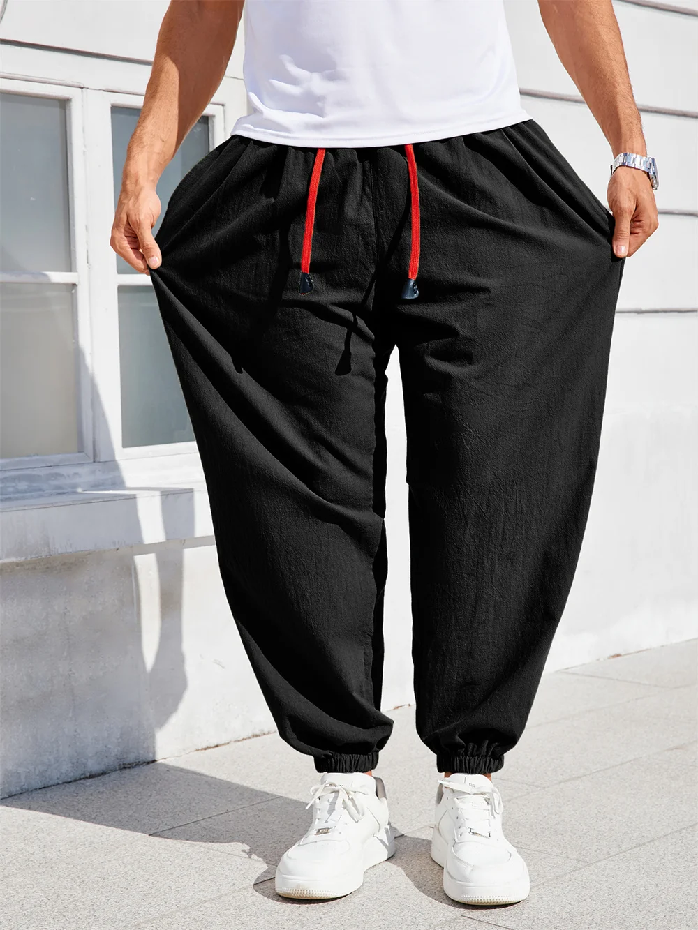 Herren Baumwoll-Leinen Haremshose Lässige Trendige Bequeme Atmungsaktive Hose Locker Sitzende Einfarbige Jogginghose Lange Herrenhose – Detail 15