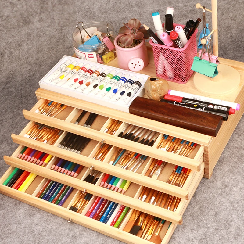 Art supplies brush storage box wooden drawer-style painting box