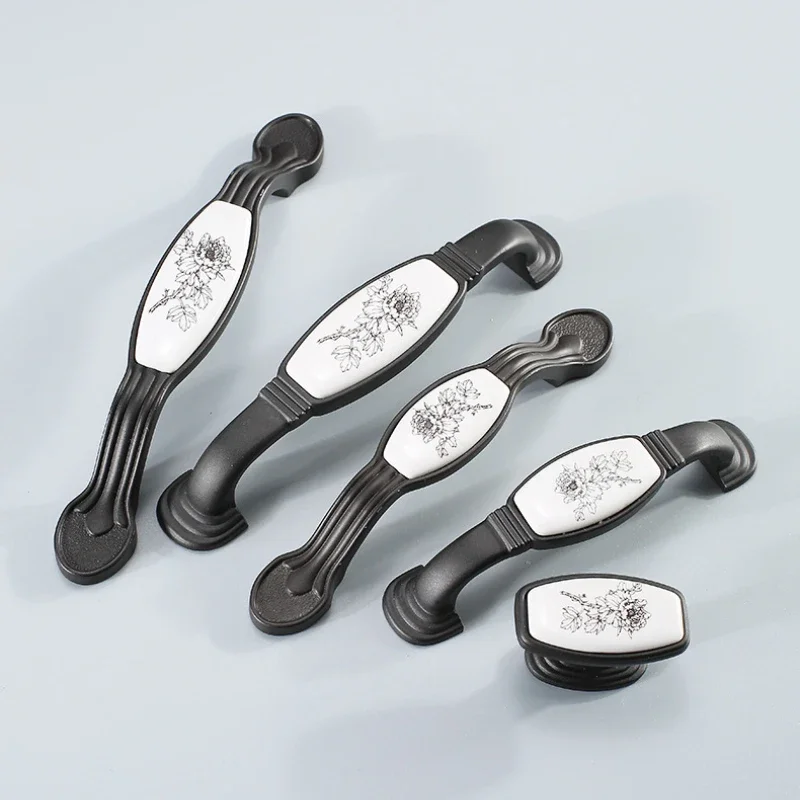 Vintage Zinc Alloy+Ceramic Cabinet Knobs and Handles European Style Gold/Black Kitchen Door Handle Pulls Furniture Hardware