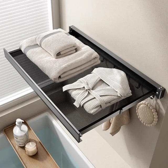 ชั้นวางผ้าขนหนูแบบยืดไสลด์อลูมิเนียมพื้นที่พับได้พร้อมตาข่ายไม่มีการติดตั้งเจาะโหลดที่แข็งแกร่งสําหรับห้องน้ําระเบียงออแกไนเซอร์ 1