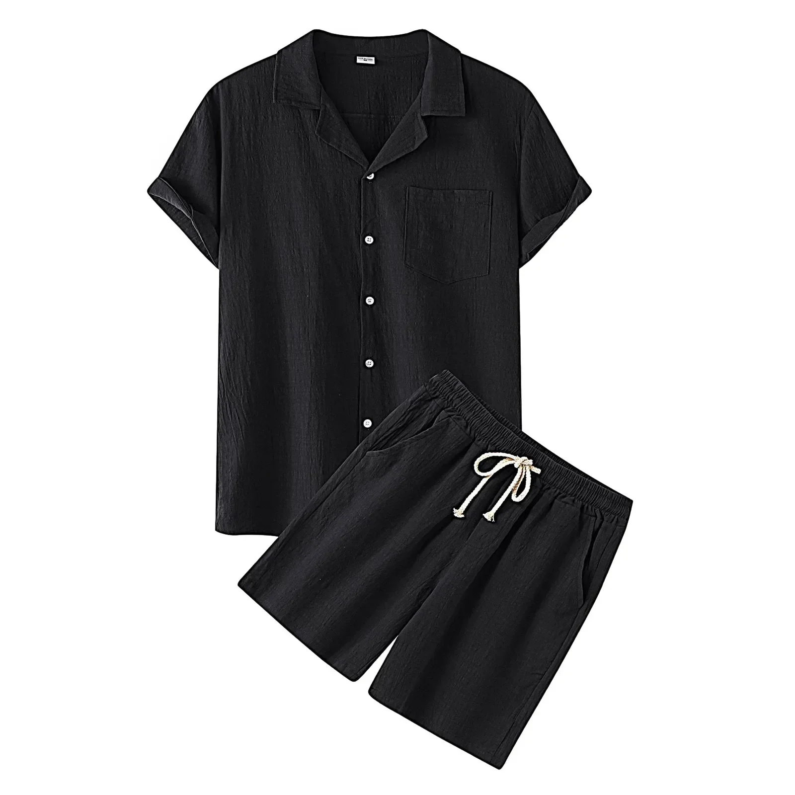 Cool Summer Comfortable Short-Sleeved Button Shirt Sets Men's Solid Color Shirt Shorts Suit Men's Cotton and Linen Casual Suit 4