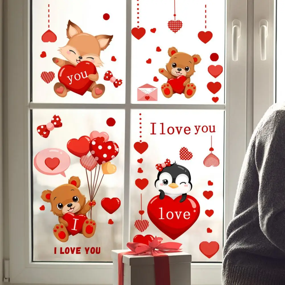 Romantic Window Decorations Love-themed Window Stickers Valentine's Day Sticker Set Cute Cartoon Bear Penguin for Holiday