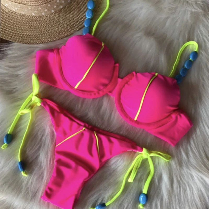 blue bikini set QINJOYER Sexy Swimwear Push Up Bikini Underwire Swimsuit Women Thong Bikini String Brazilian Swimwear Biquini Bathing Suit one one swimwear