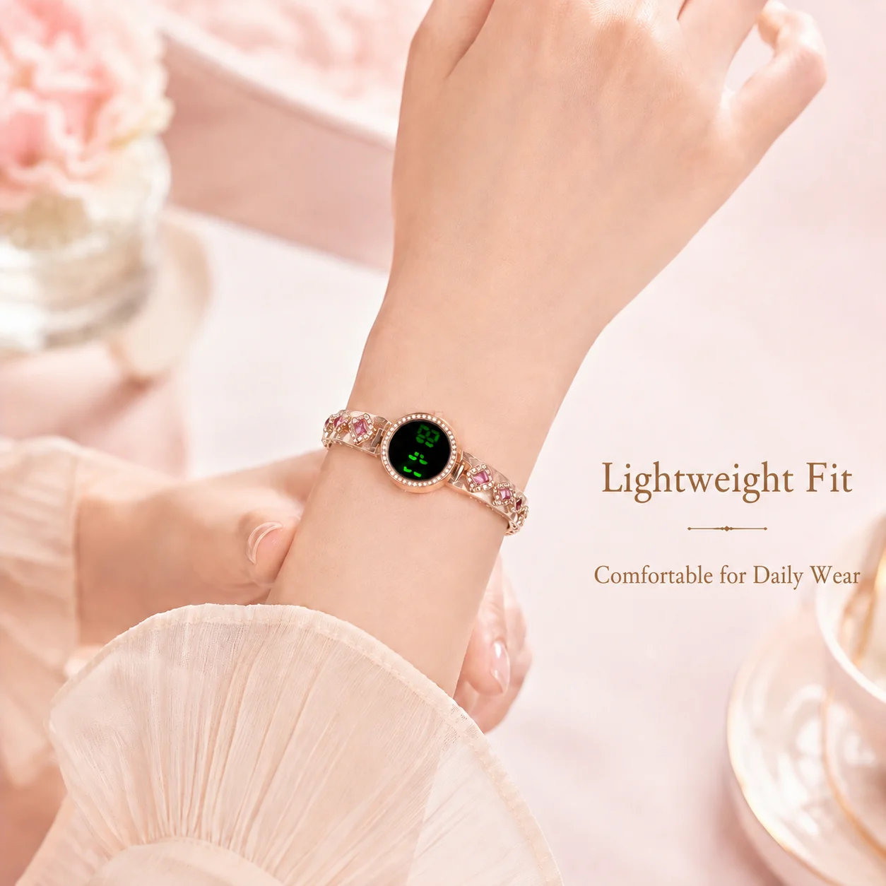 Women's Bracelet-Style LED Digital Watch, Rose Gold Metallic Strap, Multiple Colors Available, Fashionable and Versatile - 6
