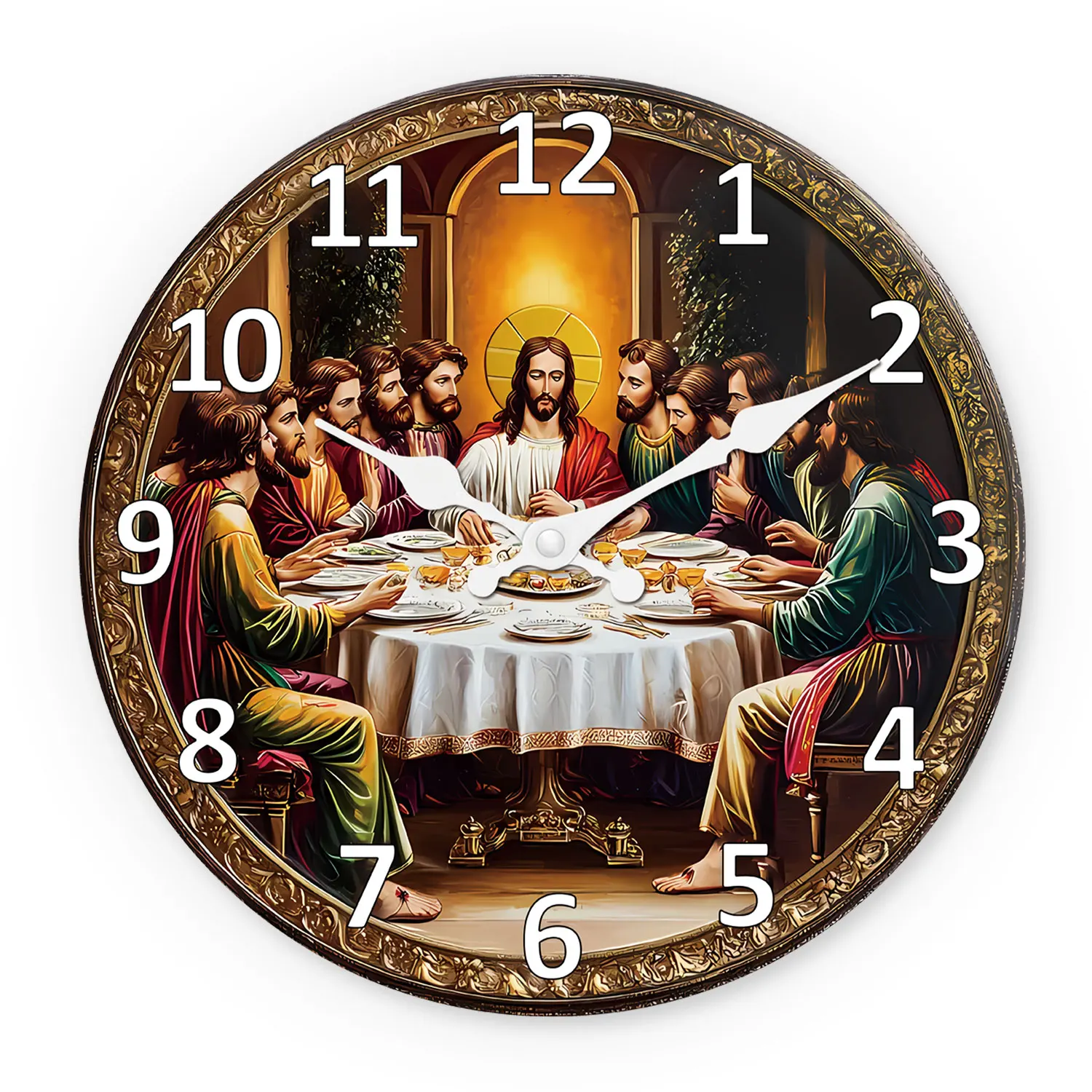 Un religieux rétro « Le dernier dîner » Horloge murale en bois Salon Chambre Cuisine Décoration de la maison Horloge murale Horloge à quartz silencieuse Cadeau de vacances 10 pouces 12 pouces 14 pouces 16 pouces (sans piles)