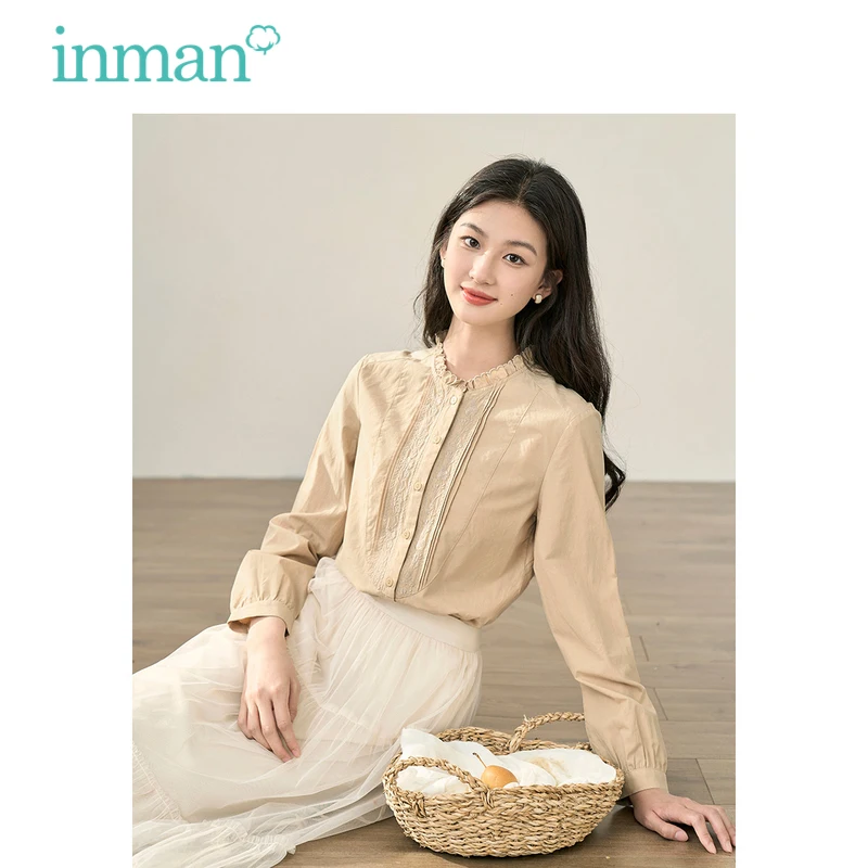 INMAN Women Blouse 2023 Autumn Long Sleeve Ruffled Stand Collar Loose Shirt Embroidery French Pastoral Style Khaki White Tops