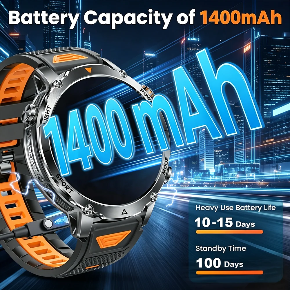 2026 Military 1400 Mah battery smartwatch, men's outdoor flashlight, IPX8 waterproof,100+sports,Bluetooth call, fitness band 6