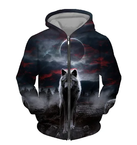 

2023 Men's Autumn/Winter Zipper 3D Animal Wolf King Digital Print Men's Casual Loose Large Versatile Hooded Sweater