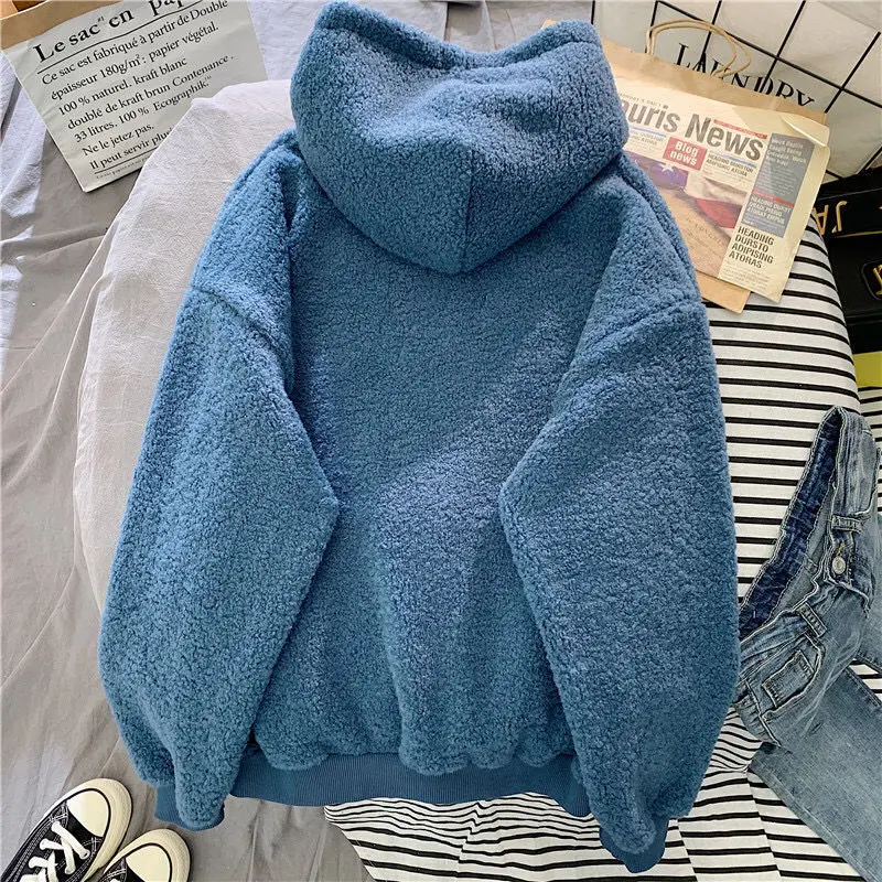 Women Autumn Winter Warm Fluffy Hoodie New Casual Hooded Pullovers Letters Lamb Wool Fleece Sweatshirt Loose Top Ropa De Mujer 2