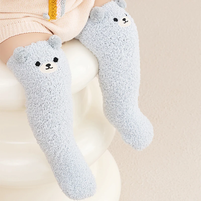 Cartoon Plush Baby Socks Cute Bear Solid Color Thigh High Sock for Infant Winter Thicken Warm Coral Fleece Kids Stockings