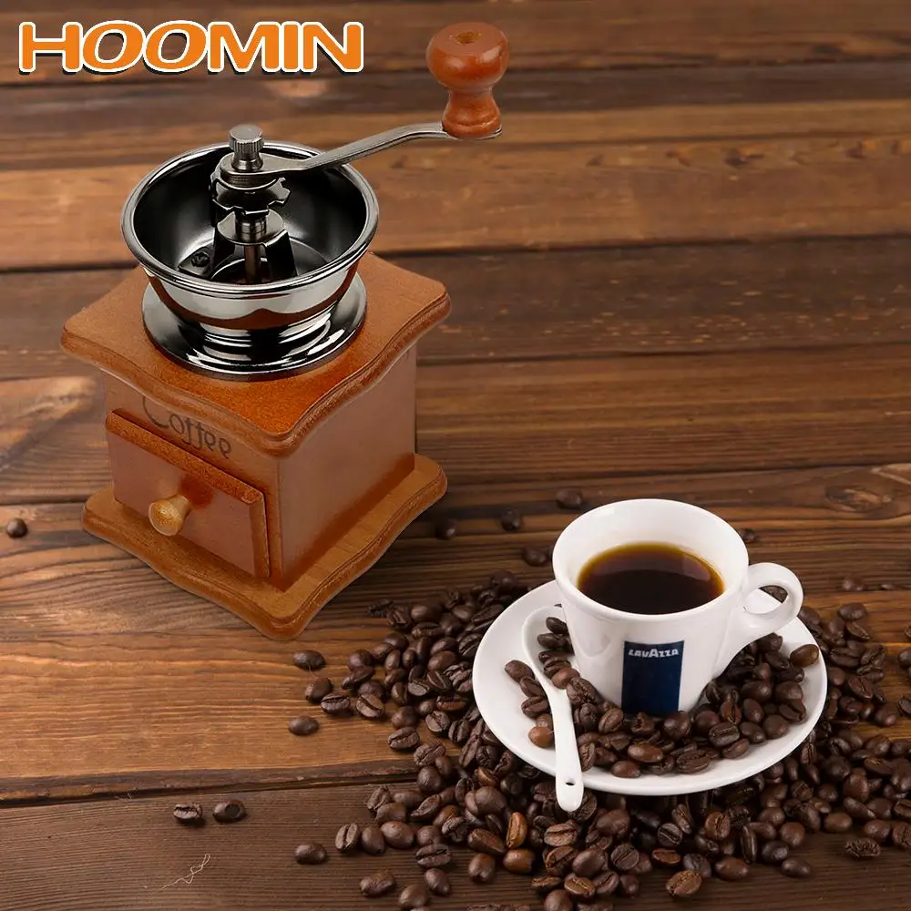 HOOMIN Manual Coffee Grinders Ceramic Millstone Classical Wooden Hand