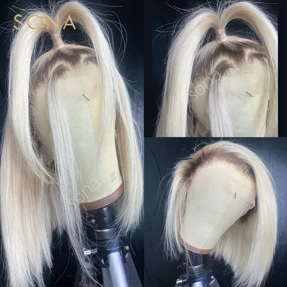 

Silver White Ash Blonde Short Straight Bob Platinum Colored 13x4 Lace Front Wig Human Hair Pre Plucked 13x6 Lace Frontal Wigs