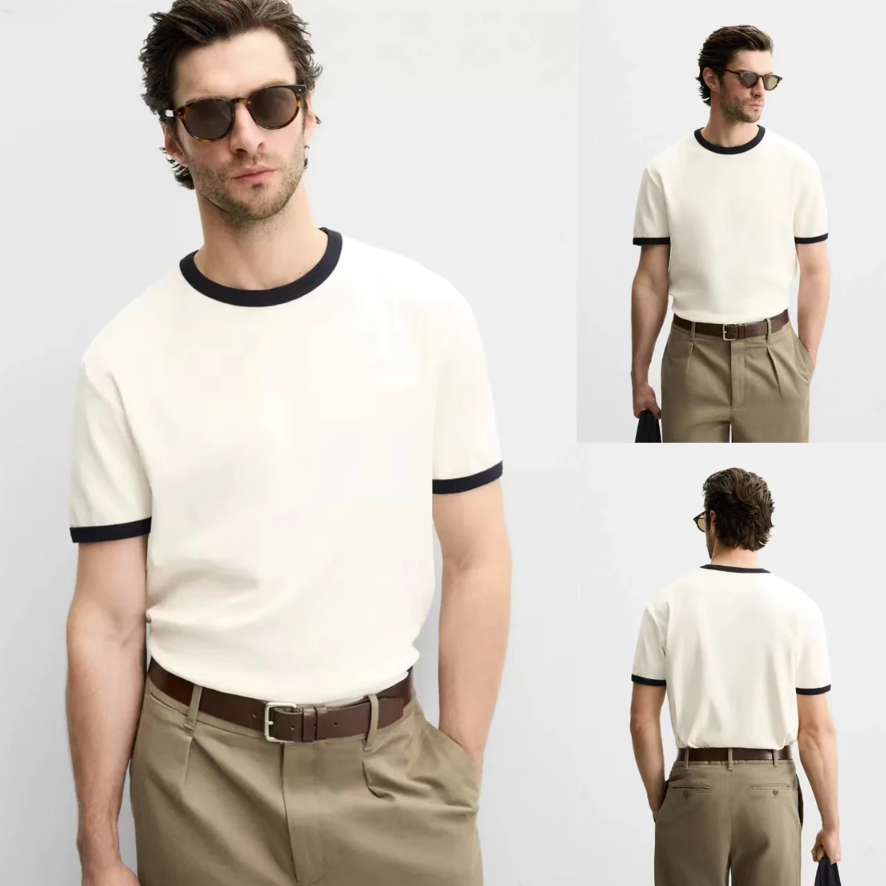 Summer 2025 Men's Slim Fit round Ne ort Sve T-irt Pure Cotton New Arrival Multi-Color Contrast Stripe Design Top