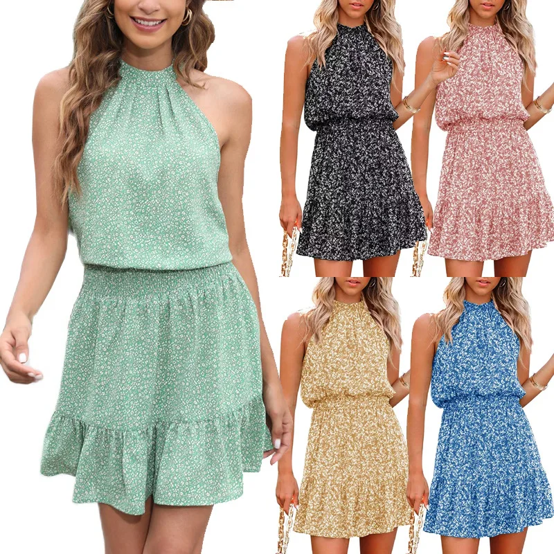 

Lady Summer Bohemian Dress Women Neck-mounted Halter Floral Printed Dress Female Sexy Sleeveless Backless Beach Mini Dress