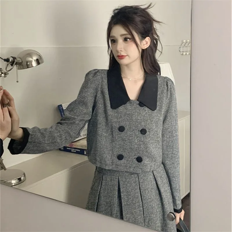 Insozkdg 여성용 스위트 우아한 스커트 정장, 더블 브레스트 블레이저 재킷 및 롱 스커트, 오피스 레이디 투피스 세트, 가을 2024 신상