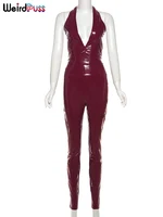 Weird Puss Faux Leather 2 Piece Set Women Sexy Low-Neck Halter Sleeveless Bodysuit+Zipper Waist Stretch Pant Clubwear Trend Suit - Image 6