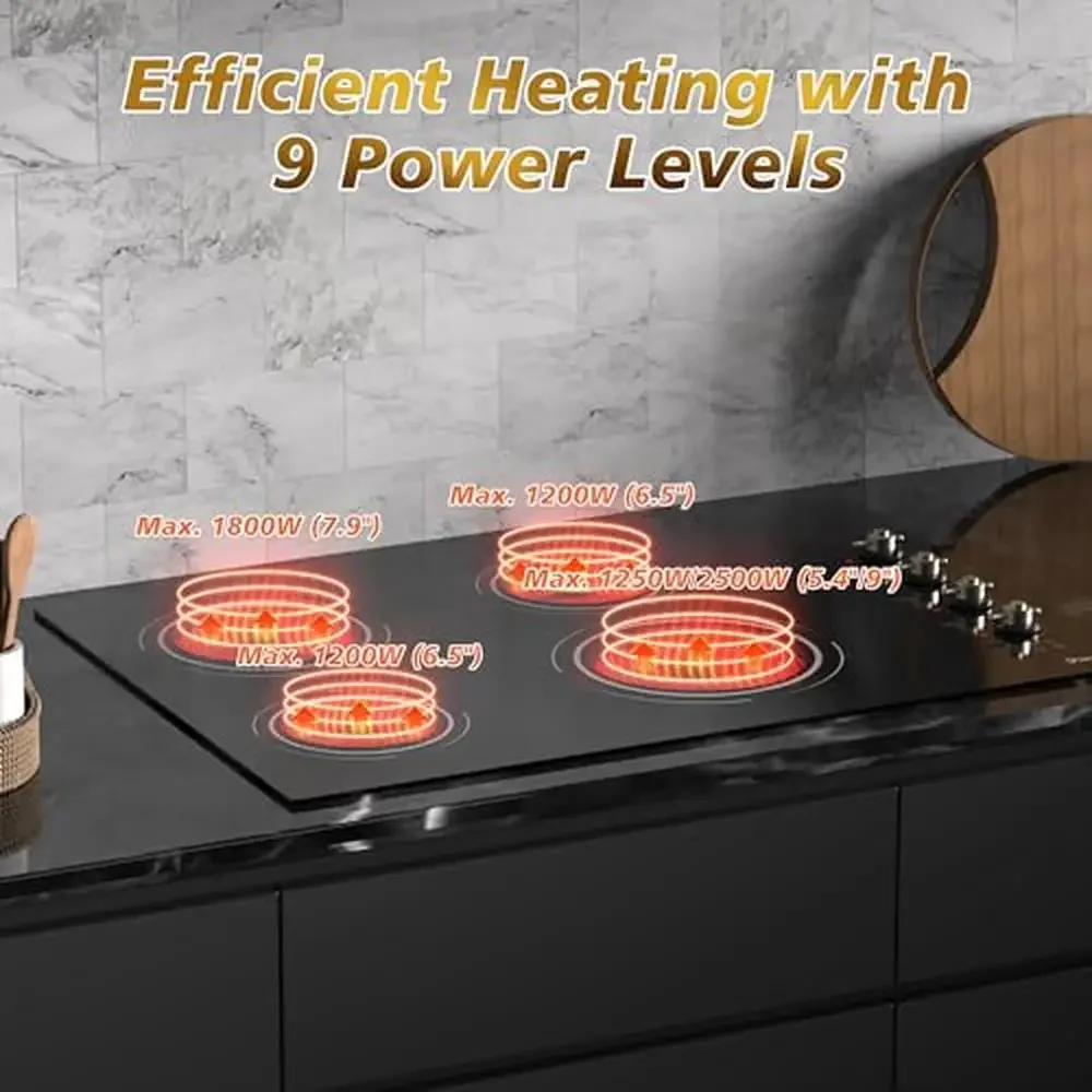 30" Built-in Electric Cooktop 4 Burner Stove 6700W Glass Ceramic Touch Control Knob Safety Lock 4