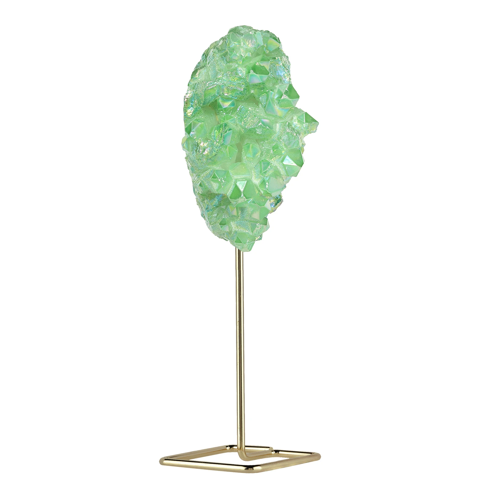 Titanium Coated Rock Quartz Crystal Cluster With Gold Metal Stand Raw Specimen Geode Stone For Home Decor Table Display
