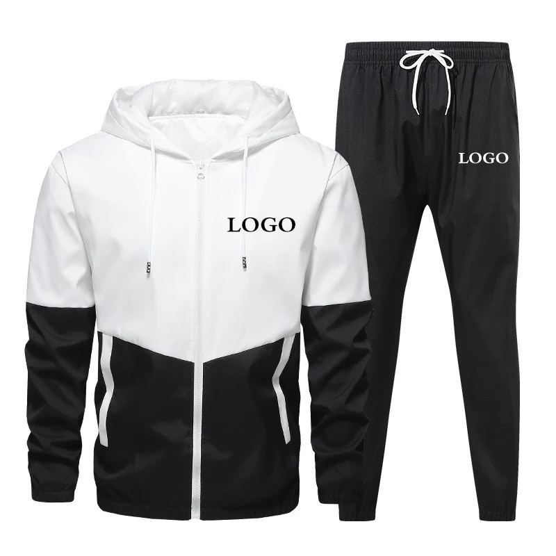 Custom Logo Men Tracksuit Patchwork Zipper Cardigan + Sweatpants 2 Pieces Set Spring Autumn Fashion Streetwear Male Jogging Suit