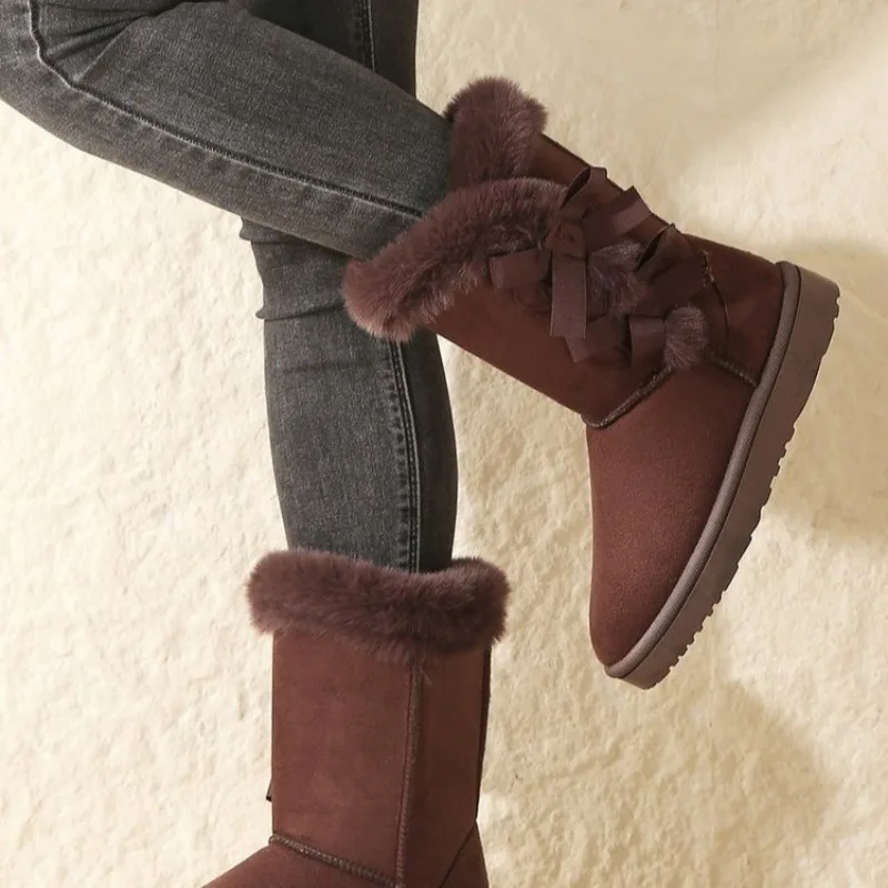Winter Mid-calf Boots Thick Plush Thick Sole Non-slip Fashion Solid Color Button New Women Boots Classic Retro Brown Long Boots