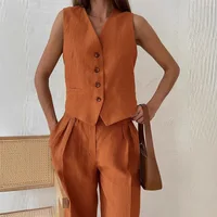 2025 nouvelles femmes lin coton Chic gilet et pantalon costume deux pièces ensemble bureau dames été Chic 2 pièces ensembles femmes tenues 3