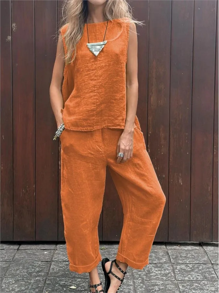 Summer Cotton And Linen Casual Outfits Female Fashion Solid Color Two-piece Set For Women Sleeveless Top Trousers Women's Suit, view 5