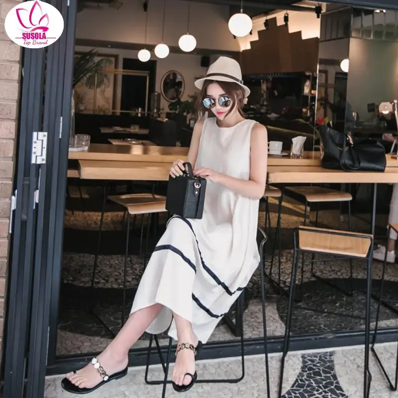 

Lady New Women Bodycon Maxi Dress Robe Longue Femme Tank Dress Summer Sundress Casual Sleeveless Striped Long Tshirt Dress y2k