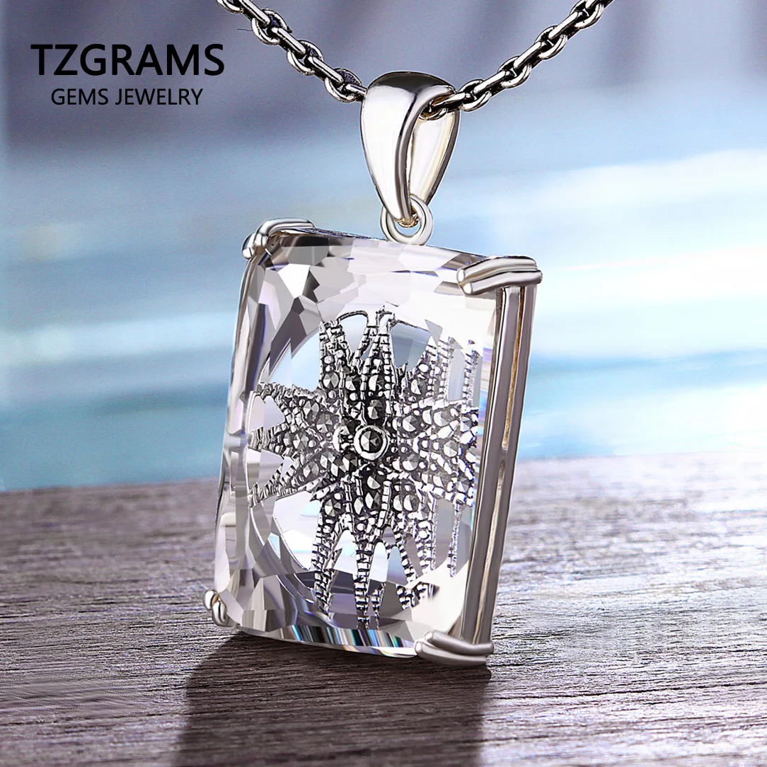 

Natural Faceted White Crystal Pendant Women Large Rectangle Exquisite 925 Sterling Silver Mosaic Flower Chakras Jewelry