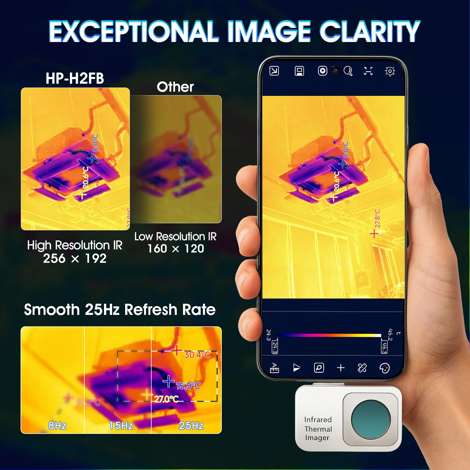 Caméra thermique infrarouge 256x192 connectée à un smartphone Android via OTG, affichant une image thermique