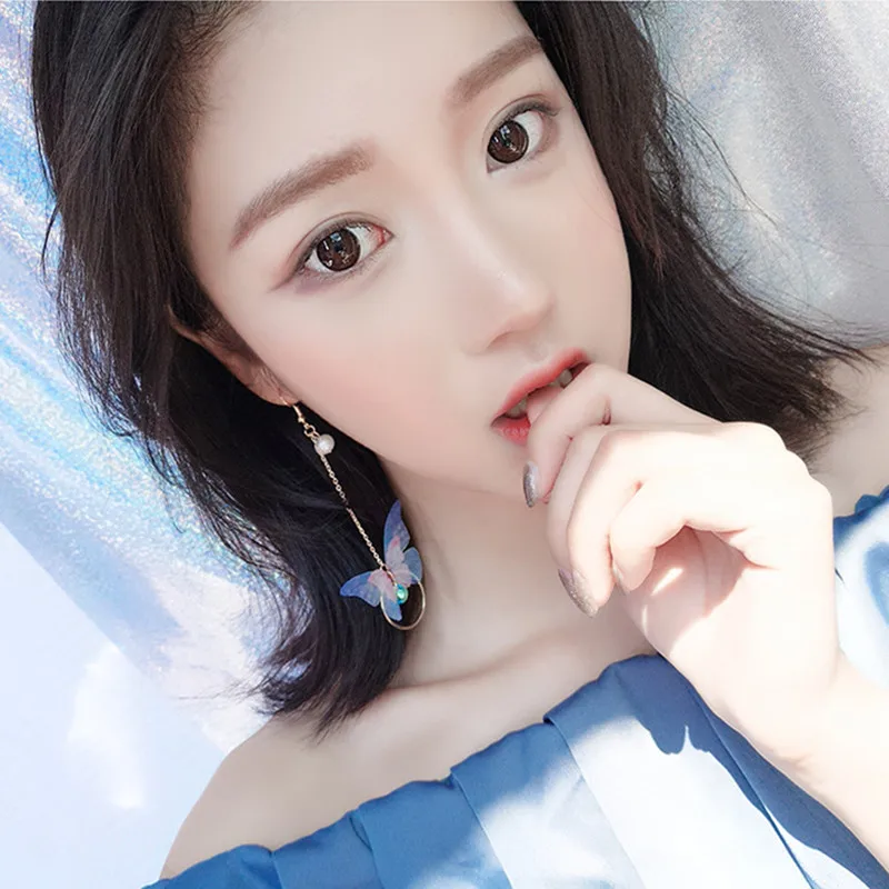 Korean fashion retro asymmetrical exquisite butterfly earrings imitation pearl alloy wings pendant long earrings women