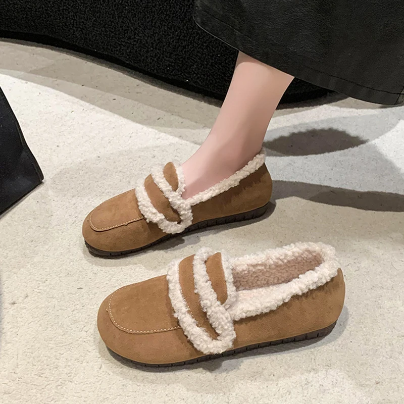 

Мокасины женские с круглым носком, повседневные туфли с закрытым носком, лоферы без застежки, с мехом, плоская подошва, Мокасины, без застежки, зима