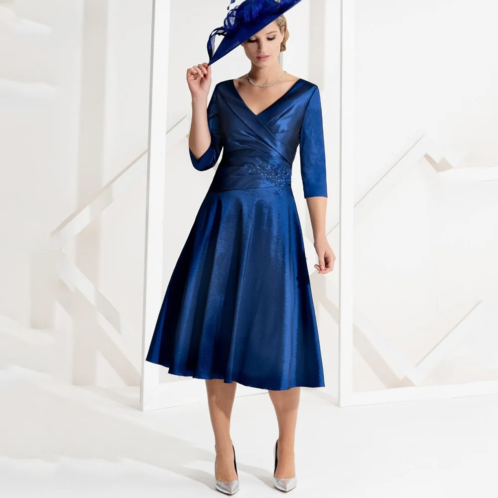 

Mother of the Bride Dress for Weddings 2022 Elegant A Line Dark Royal Blue Wedding Guest Gowns Satin 3/4 Sleeves Midi Party Gown