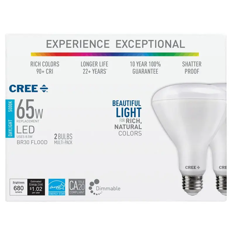 

BR30 Indoor Flood 65W Equivalent LED Bulb, 655 lumens, Dimmable, Daylight 5000K, 25,000 hour rated life, 90+ CRI | 2-Pack