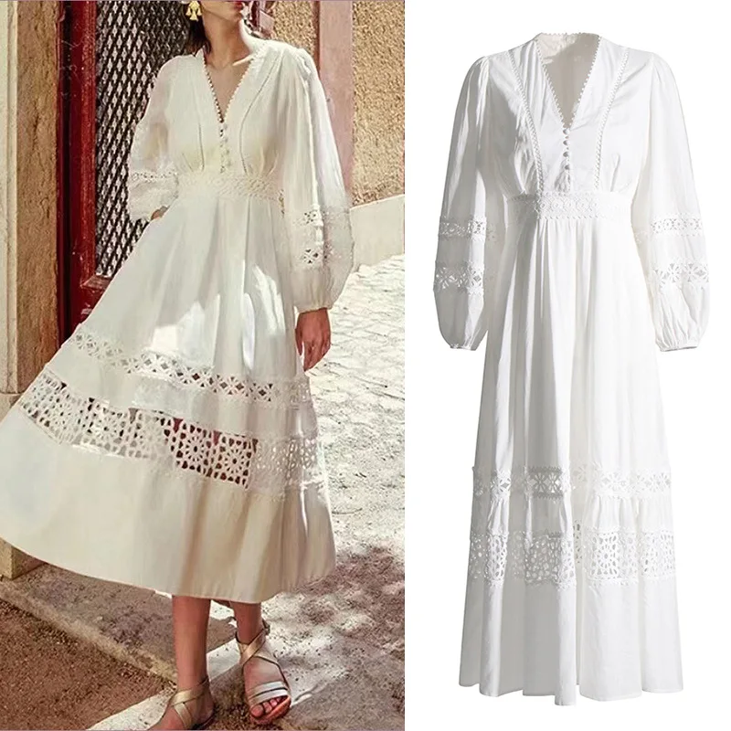 

VANOVICH French Style Vintage 2023 Autumn New V-neck Lantern Sleeve Waist Slim Solid Color Women's Embroidered A-line Long Dress