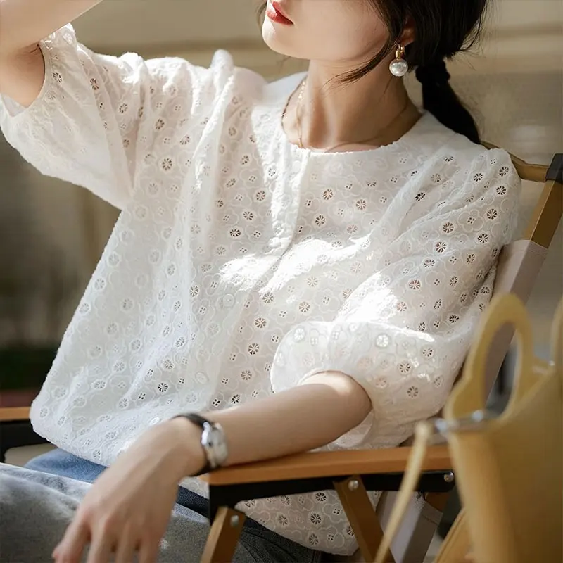 Elegant Fashion Harajuku Slim Fit Women's Clothing Loose Casual All Match Tops Women Solid V Neck Hollow Out Short Sleeve Blouse