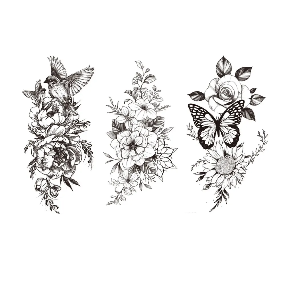 Black Flower Temporary Tattoos for Women Butterfly Bird Floral Fake Tattoo for Arm Body Sleeve Decor Waterproof Tattoo Stickers temporary tattoos