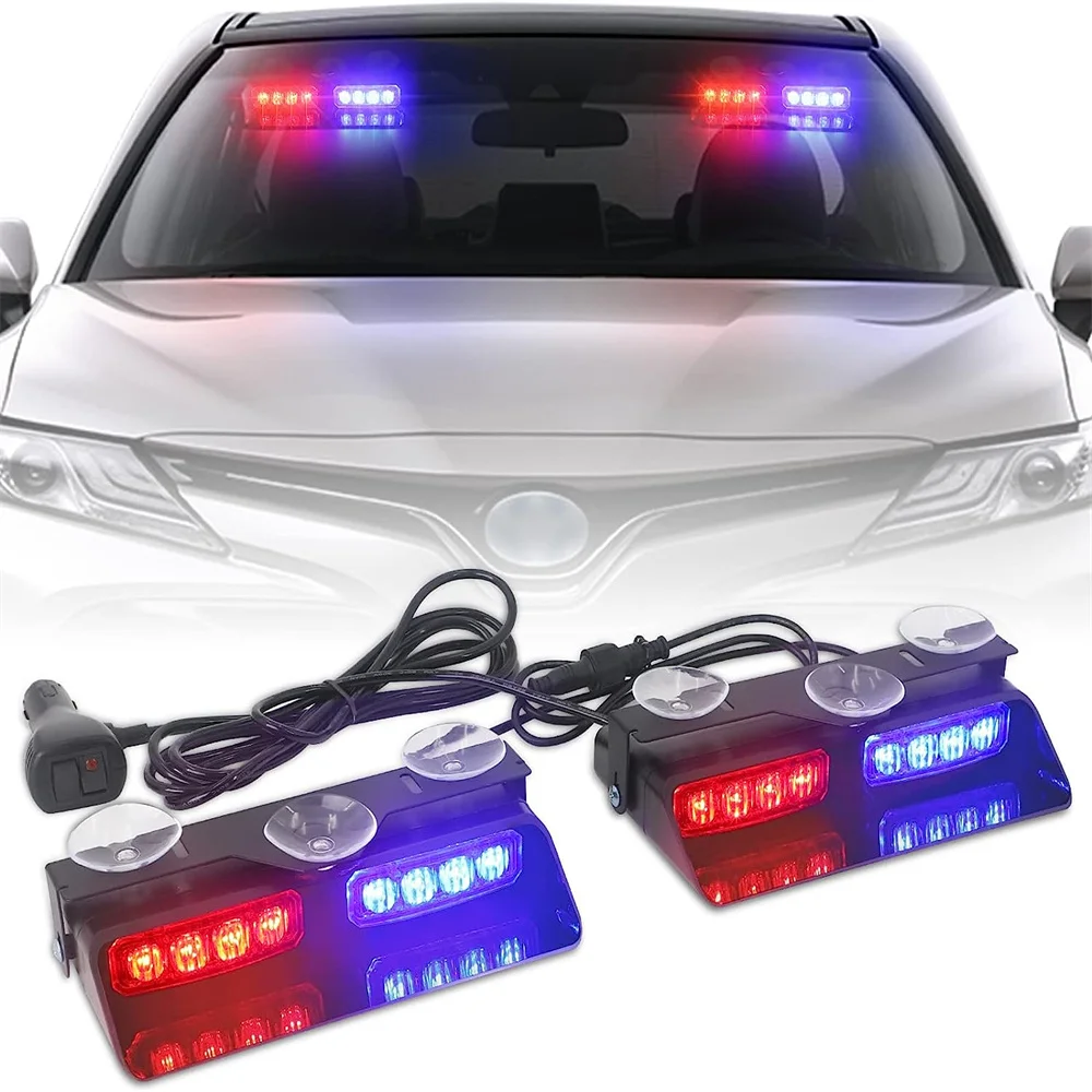 Luces estroboscópicas LED 2 en 1 para coche, lámpara de advertencia de Flash de emergencia, barra de parabrisas, 16 cuentas, rojo, azul, ámbar, blanco, montaje de luz automática