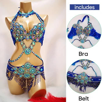 Belly Dance Bra and Belt Sexy 2 PCS Set For Adult Women Strip Dance Performance Night Club Stage Catwalk Props Accessories
