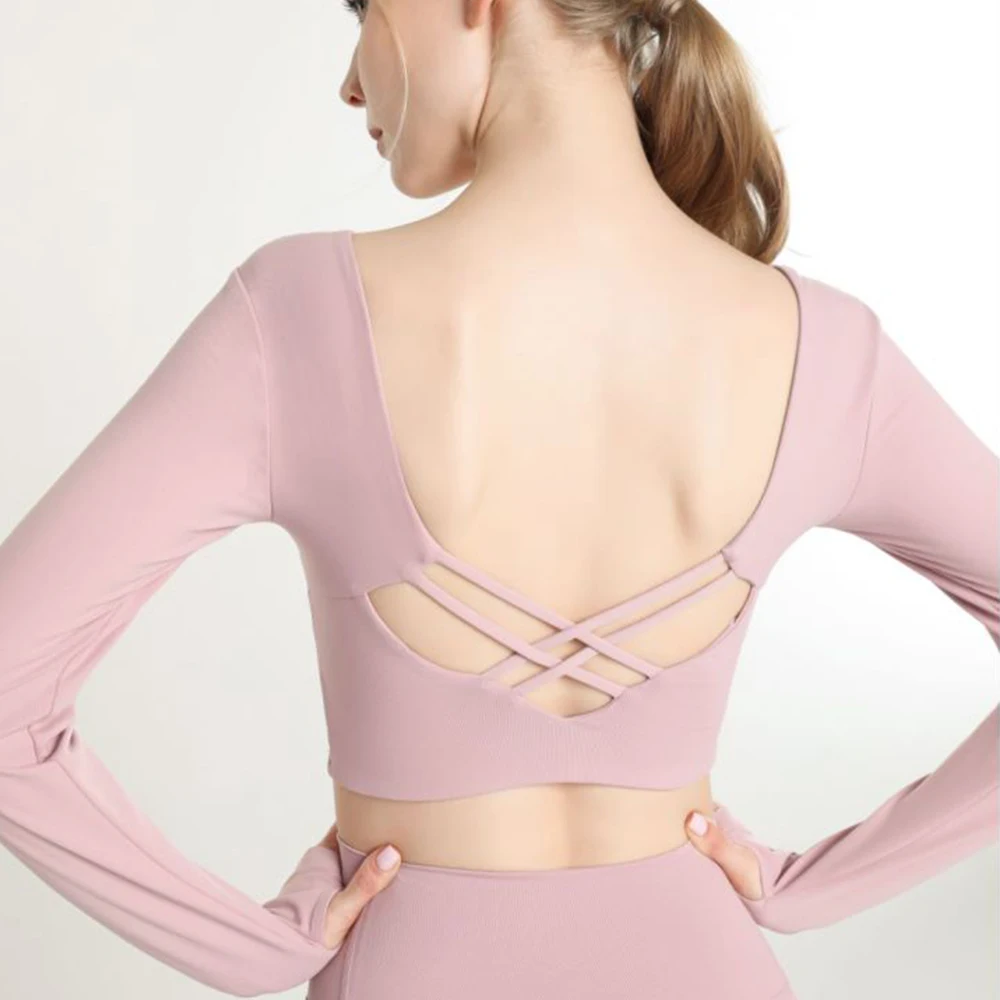 

Open Back Women‘s Yoga Sexy Long Sleeve Running Long Sleeve Fitness Gym Tracksuit Crop Tops Sports Shirts（With Chest Pad）