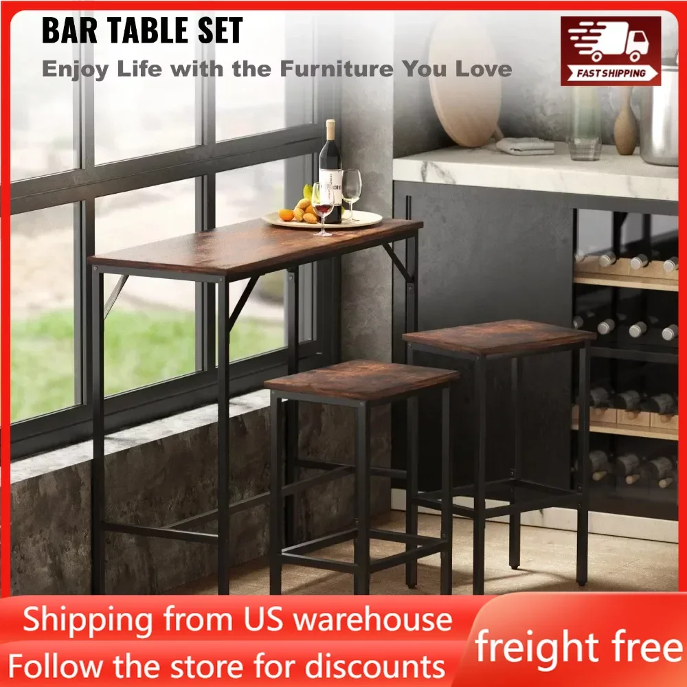 

Pub Table Set W/ 2 Stools Furniture Kitchen Living Room 3 Piece Saving Space Dining Table Set for Home Rustic Brown Freight Free