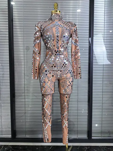 Khaki Color Women Long Sleeve Sexy Shinning Mirrors Bodycon Jumpsuit High Stretch Bar Dancer Performance Costume Stage Wear