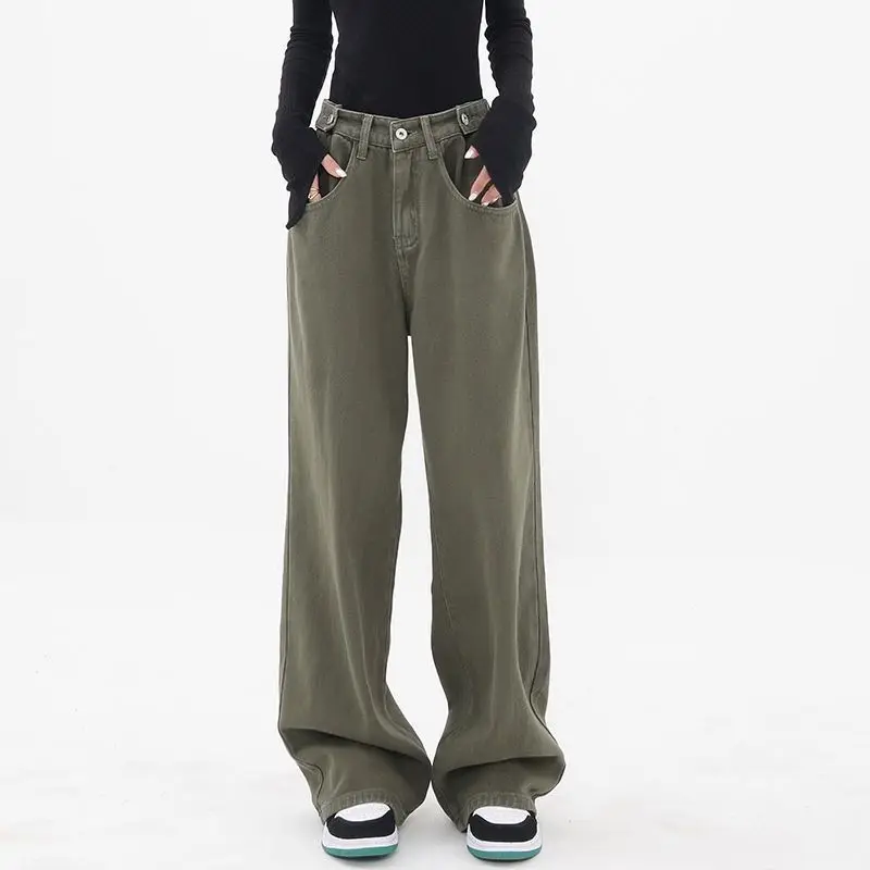 

Women's Straight Jeans 2023 Winter Clothing American Retro Green Y2k Waist Wide Leg Pants Street Loose Harajuku Denim Trousers