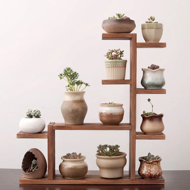 Decorative Indoor Wood Plant Stand Multi-layer Solid Wood Desktop Flower Display Stand Small Green Plant Rack