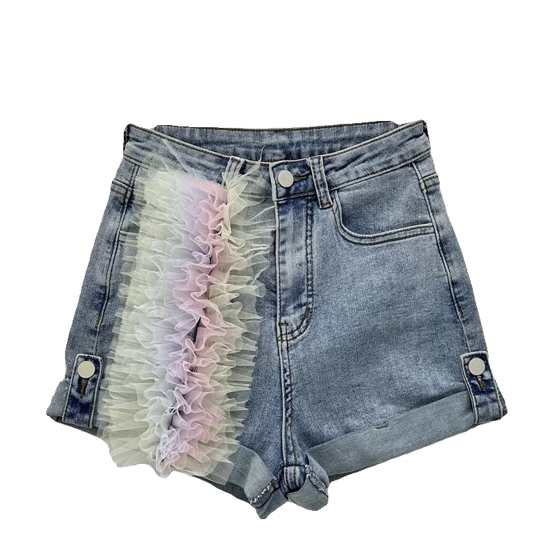 Design Sense Denim Shorts Women's 2024 New Summer High Waist Slimming Wide Leg Stitching Mesh A- Line Hot Pants Street Shorts