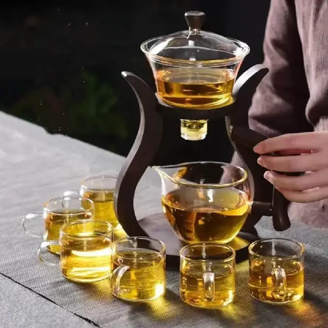 Lazy Kung Fu Drip Teapot, Magnetic Flow Semi-Automatic Glass Teapot Set, Heat Resistant Tea Set, Gift 4