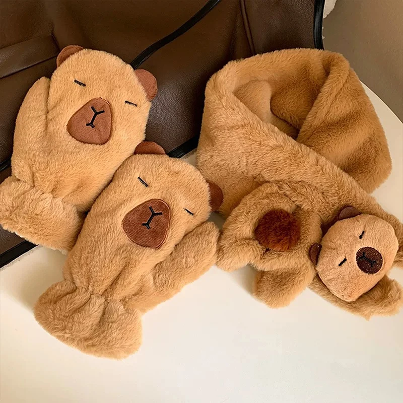 Cute Capybara Plush Scarf Cold-proof Warm Glove Scarf Sweet Windproof Thickened Cross Neck Glove Fashion Accessories Girl Gift