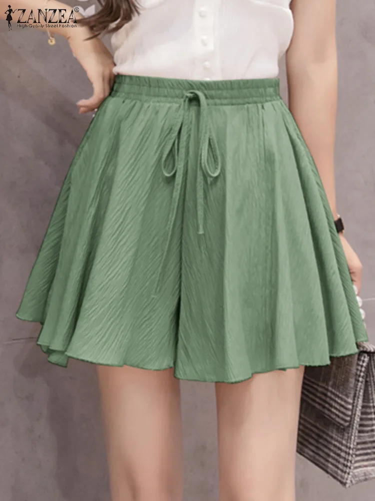 

Fashion Elastic Waist Solid Wide Leg Pants ZANZEA Summer Beach Shorts Women Casual Loose A-line Pantalon Holiday Palazzo 2023